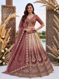 Rosegold Shaded Silk Stone, Beads, Sequin Handwork Semi-Stitched Lehenga Choli