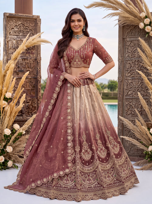 Rosegold Shaded Silk Stone, Beads, Sequin Handwork Semi-Stitched Lehenga Choli