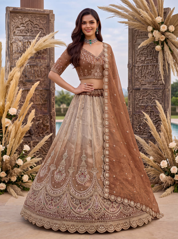 Brown Shaded Silk Stone, Beads, Sequin Handwork Semi-Stitched Lehenga Choli House of Panchhi
