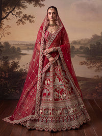 Red Silk Baraat Style Motif Handwork Bridal Semi-Stitched Lehenga Choli with Double Dupatta