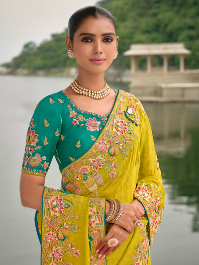 Yellow Color Banarasi Silk Heavy Embroidered Border Saree with Different Motif using Thread,Stones & with Contrast Blouse