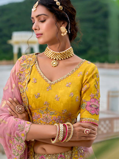 Yellow-Pink Shade Patch-Work & Cut-Work Silk Embroidered Semi Stitched Lehenga Choli