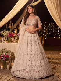Cream Color Net White Color Moti-Beads-Sequin Handwork Semi-Stitched Lehenga Choli
