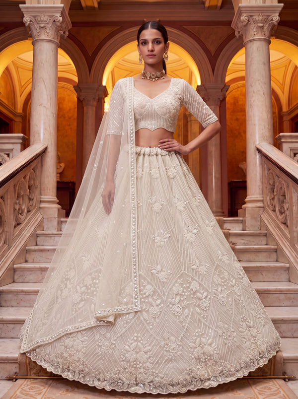 Cream Color Net Floral Handwork Golden-Beads-Sequin Semi-Stitched Lehenga Choli House of Panchhi