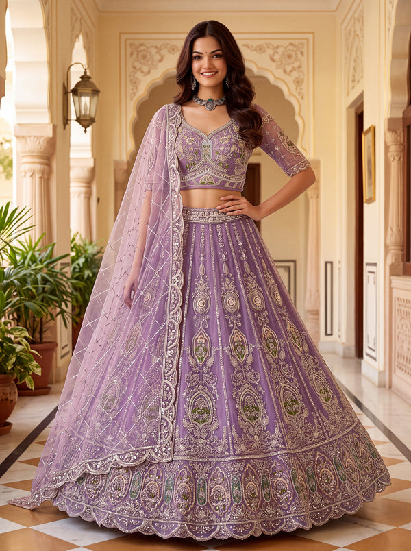 Lavender Color Net Patch Pattern using Golden Beads-Sequin Handwork Semi-Stitched Lehenga Choli House of Panchhi