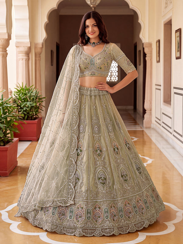 Beige Color Net Patch Pattern using Golden Beads-Sequin Handwork Semi-Stitched Lehenga Choli House of Panchhi