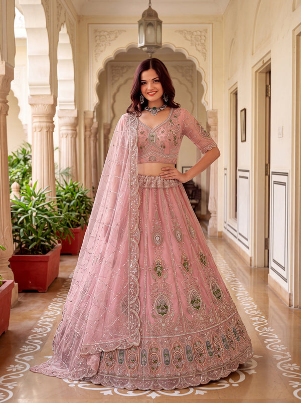 Pink Color Net Patch Pattern using Golden Beads-Sequin Handwork Semi-Stitched Lehenga Choli House of Panchhi