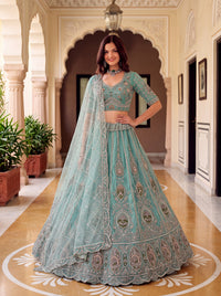 Seagreen Color Net Patch Pattern using Golden Beads-Sequin Handwork Semi-Stitched Lehenga Cholii