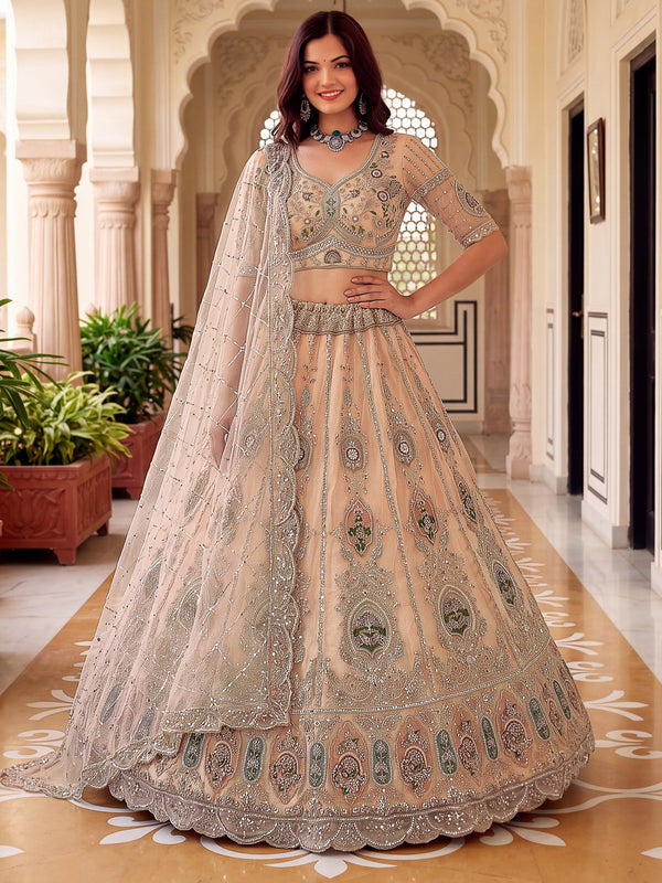 Peach Color Net Patch Pattern using Golden Beads-Sequin Handwork Semi-Stitched Lehenga Choli House of Panchhi