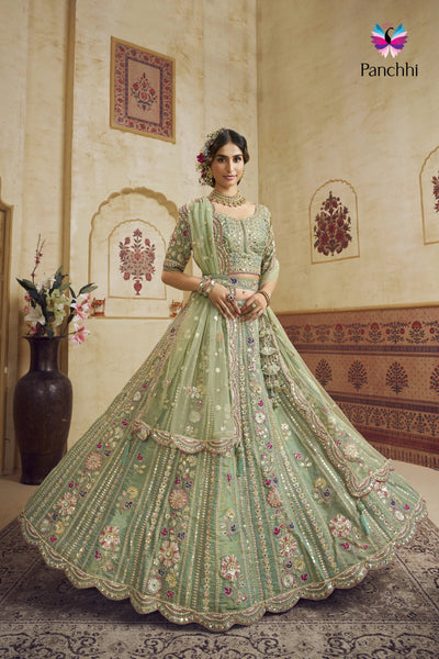 Rosegold Bridal Net Sequins, Moti, Mirror and thread embroidery Semi-Stitched Lehenga House of Panchhi