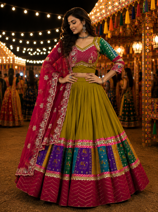 Olive color Navratri Designer Ready To Wear Lehenga Set houseofpanchhi
