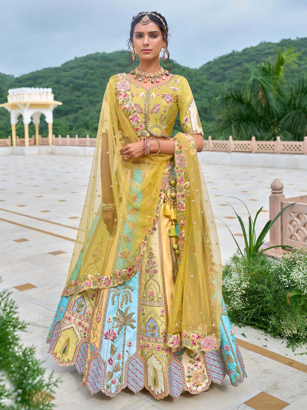 Yellow-Sky Shade Different-Kali Heavy Embroidered Cut-Work Silk Semi Stitched Lehenga Choli House of Panchhi