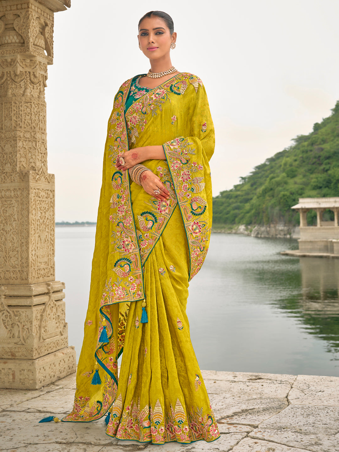 Yellow Color Banarasi Silk Heavy Embroidered Border Saree with Different Motif using Thread,Stones & with Contrast Blouse