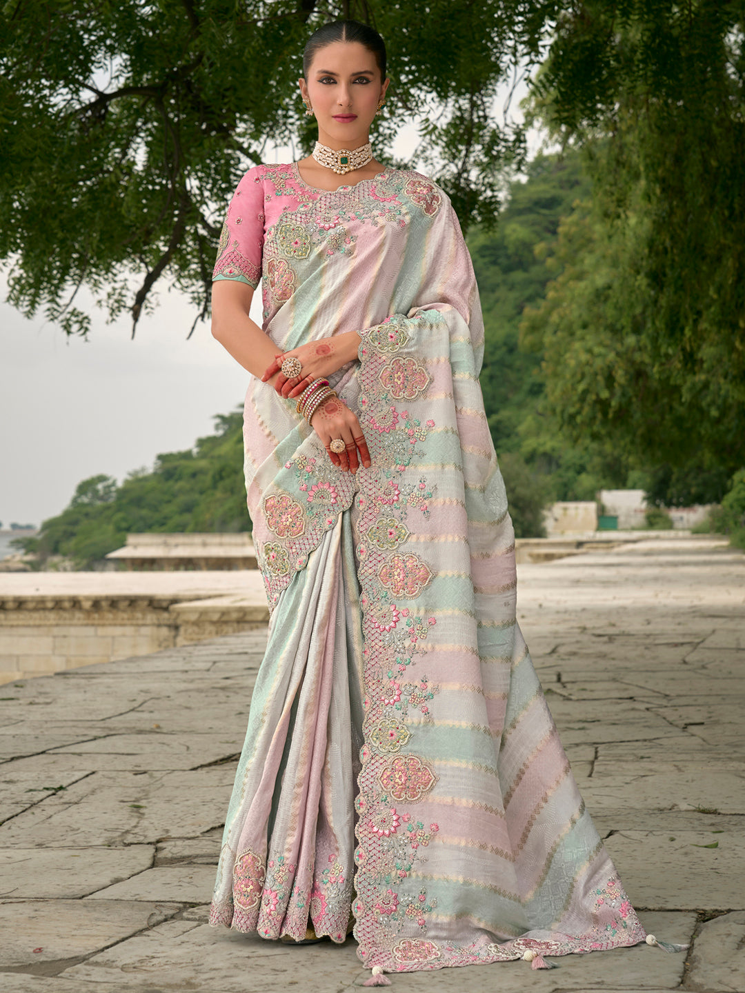 Multi-Color Tissue Silk Embroidered with Heavy Patchwork & Cutwork Border Saree with Contrast Blouse