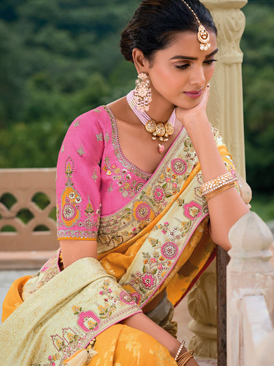 Shaded Yellow-Cream Color Pure Dola Silk Woven,Patch-work Heavy Border Embroiderey Saree with Contrast Blouse