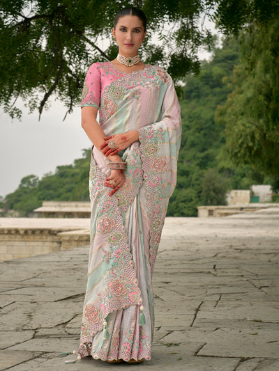 Multi-Color Tissue Silk Embroidered with Heavy Patchwork & Cutwork Border Saree with Contrast Blouse