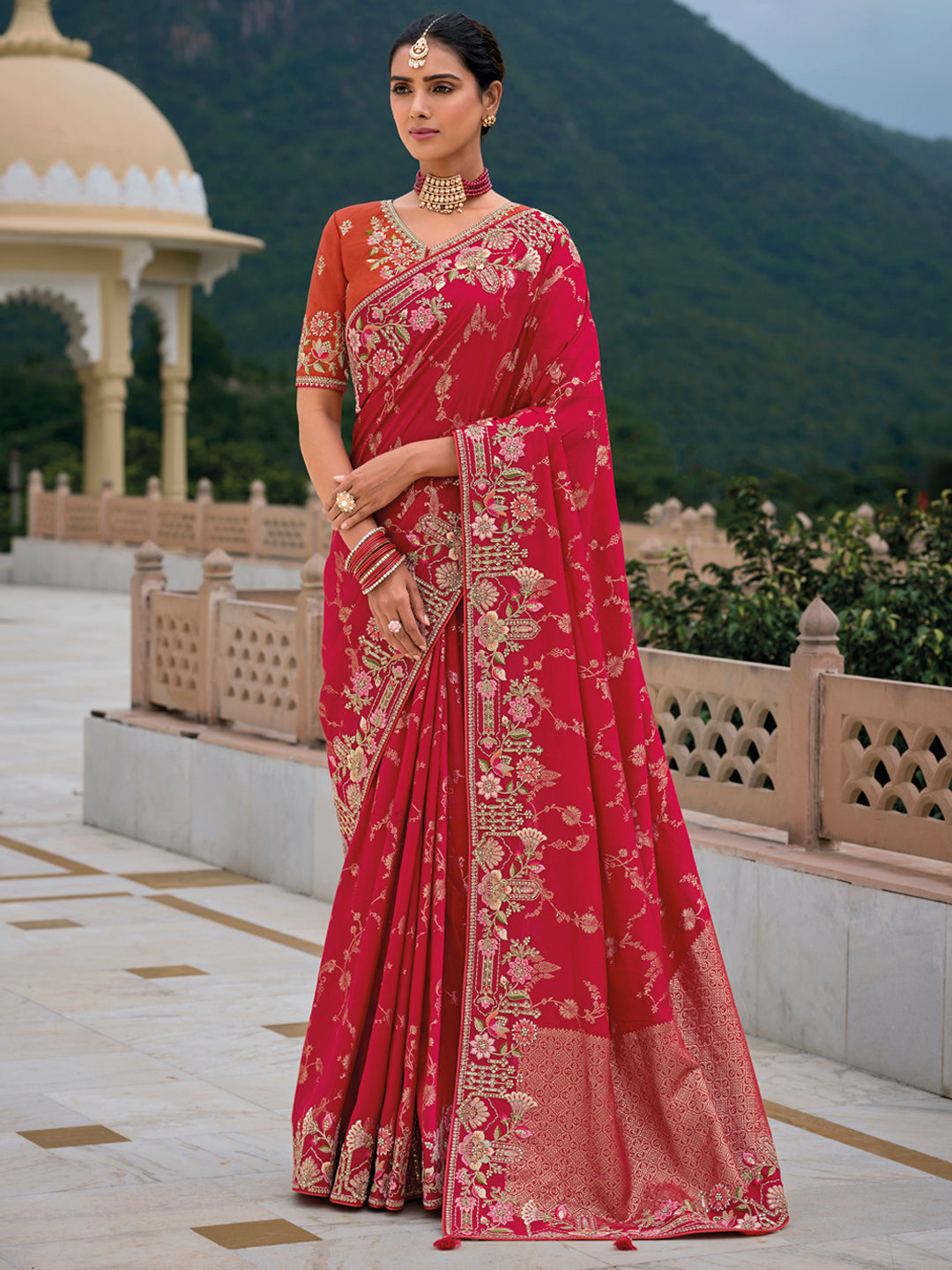 Red Color Pure Dola Silk Patch Work Border Embroiderey Saree with Contrast Blouse