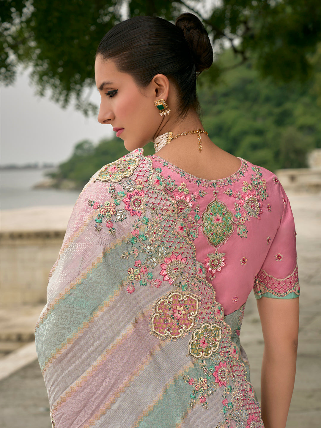 Multi-Color Tissue Silk Embroidered with Heavy Patchwork & Cutwork Border Saree with Contrast Blouse