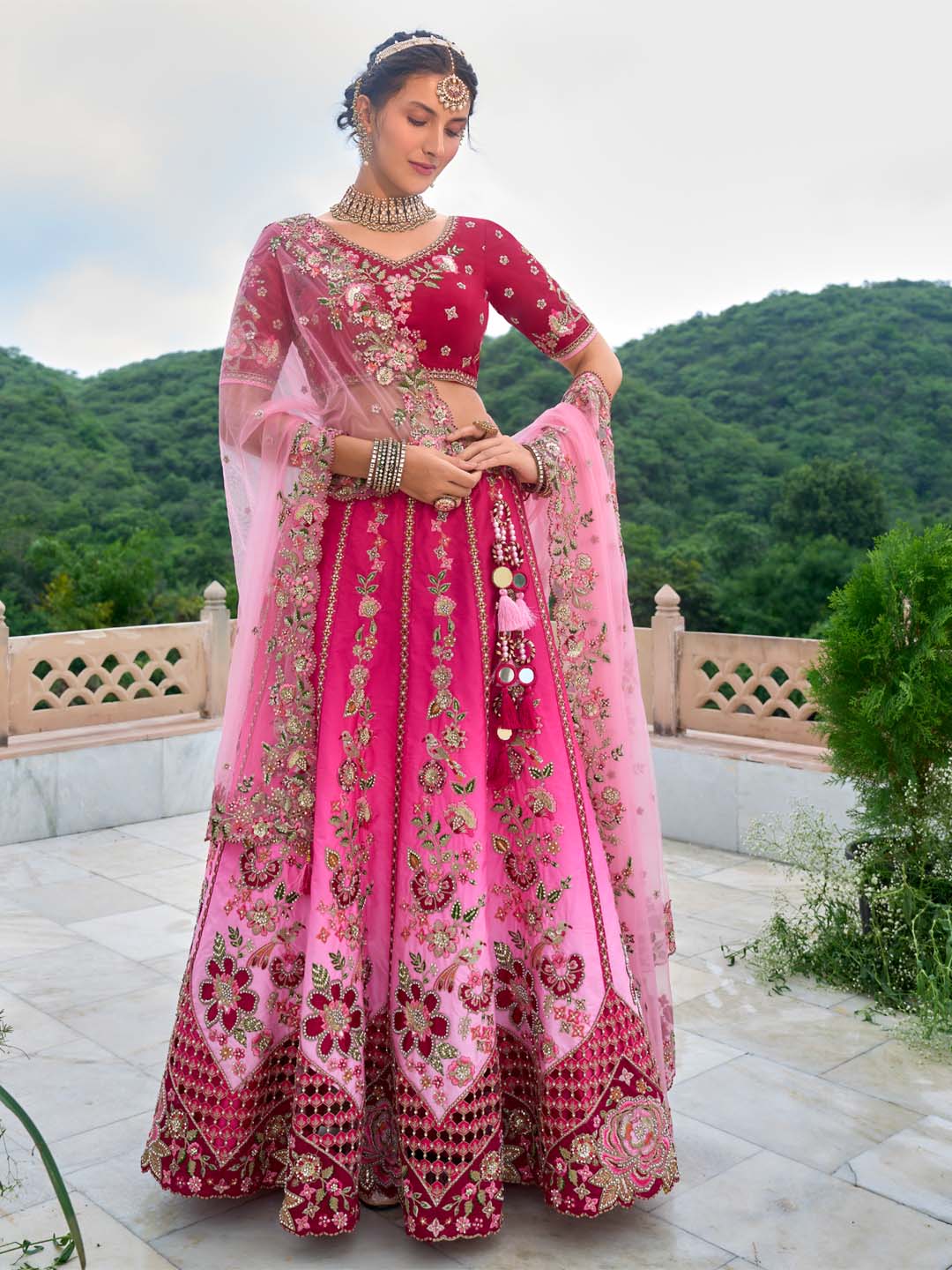 Pink-Rose Shade Cut-Work Silk Heavy Embroidered Zarkan Semi Stitched Lehenga Choli