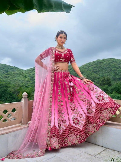 Pink-Rose Shade Cut-Work Silk Heavy Embroidered Zarkan Semi Stitched Lehenga Choli