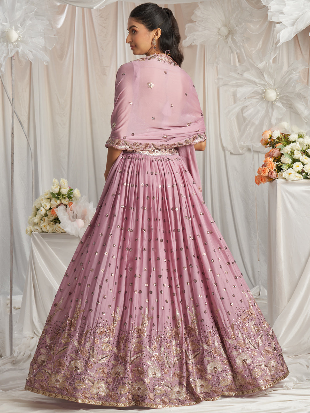 Golden Dull-Bright Sequin,Golden-Sliver Threaded Embroidered Georgette Semi-Stitched Lehenga choli