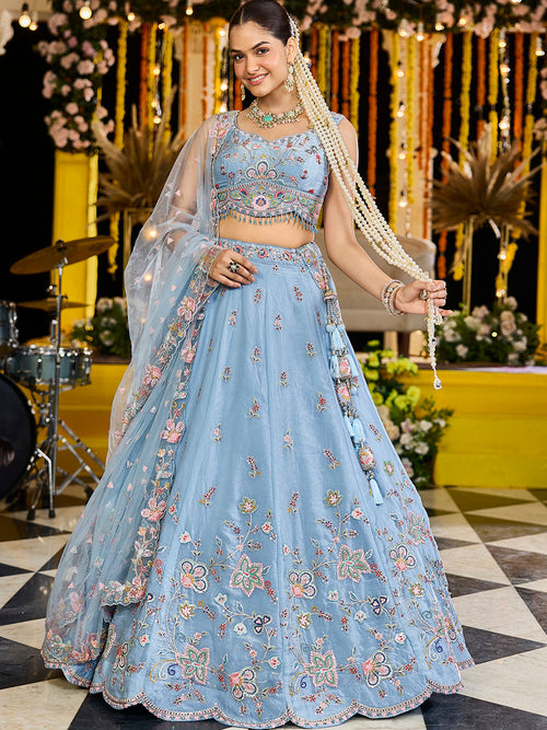 Satin Silk Fabric Sequinned Embroidered Ready to Wear Lehenga Choli & Dupatta