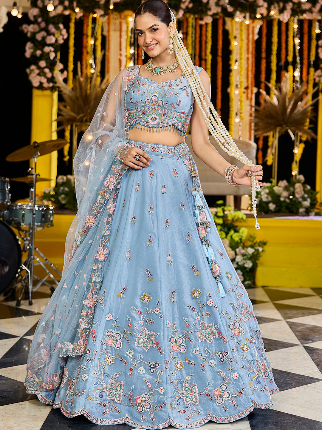 Satin Silk Fabric Sequinned Embroidered Ready to Wear Lehenga Choli & Dupatta House of Panchhi