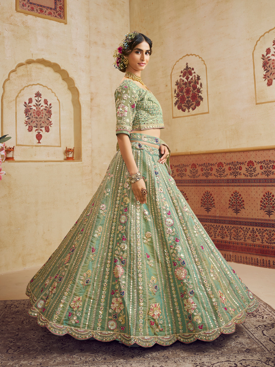 Rosegold Bridal Net Sequins, Moti, Mirror and thread embroidery Semi-Stitched Lehenga House of Panchhi