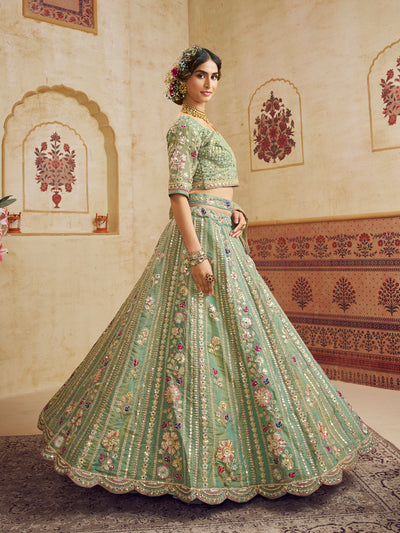 Rosegold Bridal Net Sequins, Moti, Mirror and thread embroidery Semi-Stitched Lehenga House of Panchhi