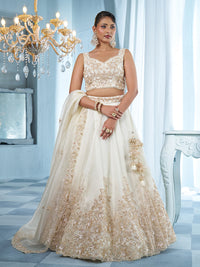 White Organza Rose Gold Beads & Floral Embroidered Semi-Stitched Lehenga Set
