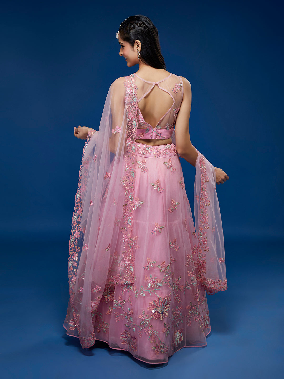 Pink Net Peach Colour Sequins Work Semi-Stitched Lehenga