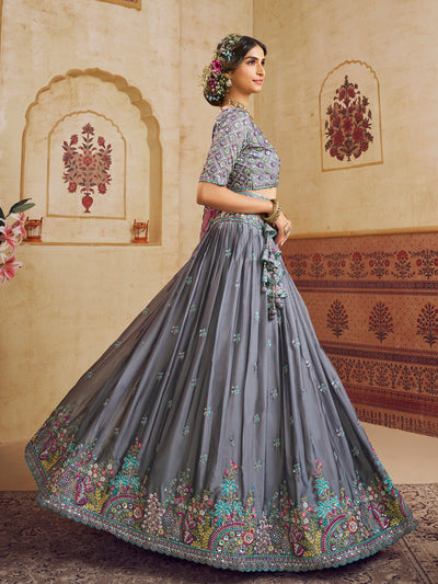 Grey Color Silk Fabric Sequins embroidery Semi-Stitched Lehenga choli & Dupatta houseofpanchhi