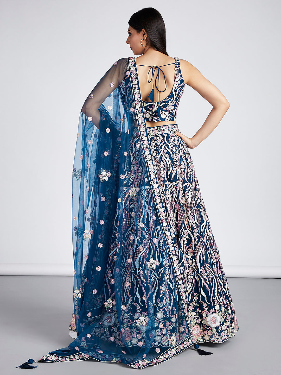 Multi-Sequins & Thread Work Embroidery Net Semi-Stitched Lehenga House of Panchhi
#color_navy-blue