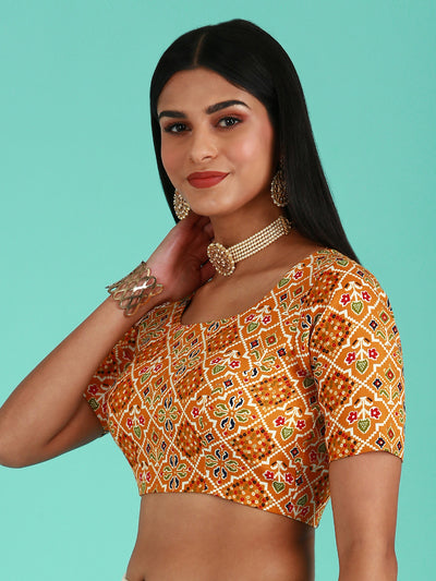 Mustard-Toned Cotton Silk Applied Foil and Patola Print readymade blouse