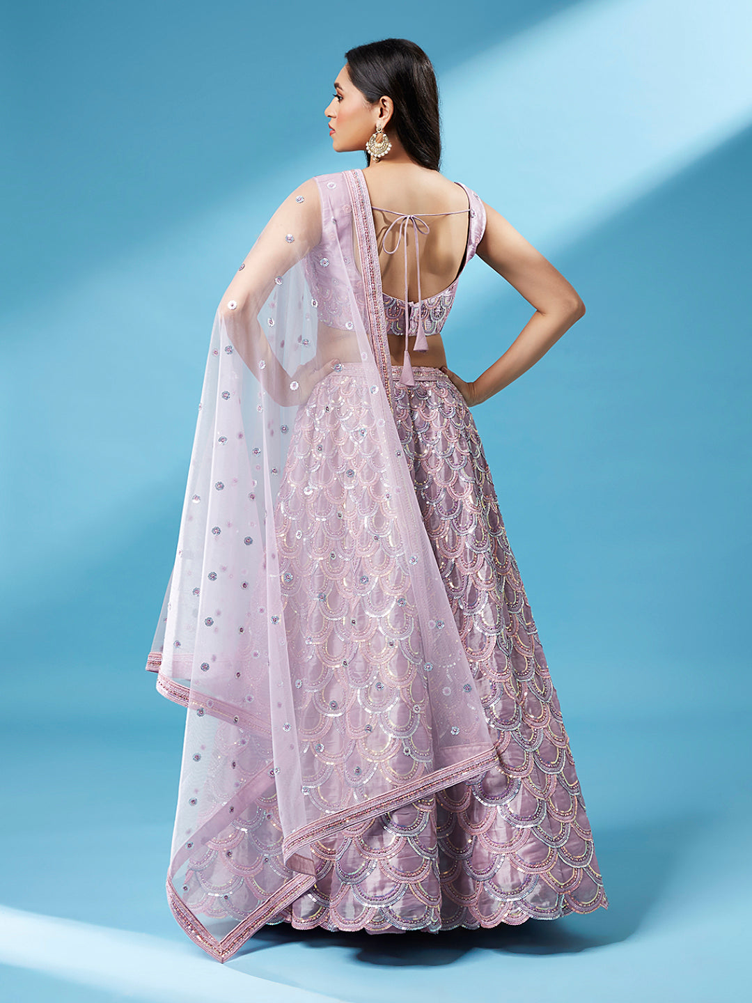 Lavender Organza Sequins Work Semi-Stitched Lehenga