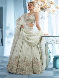 Pista Green Tissue Floral Multi Beads Embroidered Semi-Stitched Lehenga Set