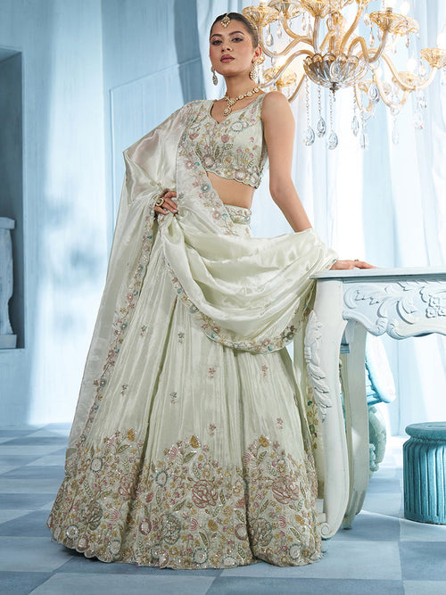 Pista Green Tissue Floral Multi Beads Embroidered Semi-Stitched Lehenga Set
