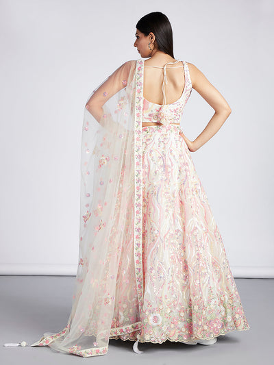 Multi-Sequins & Thread Work Embroidery Net Semi-Stitched Lehenga House of Panchhi
#color_cream