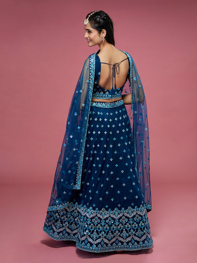 Navy Blue Net Thread & Sequins Work Semi-Stitched Lehenga