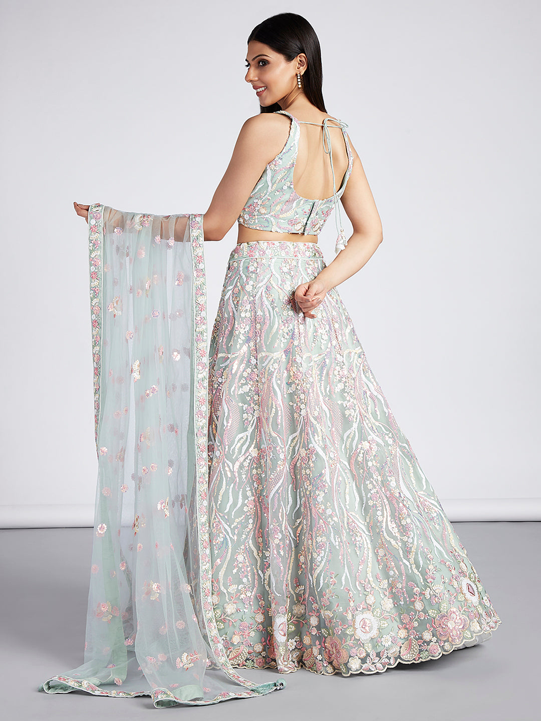 Multi-Sequins & Thread Work Embroidery Net Semi-Stitched Lehenga House of Panchhi
#color_limegreen