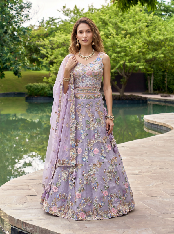Lavender Color Organza Handwork Embroidered using Cutdana,Sequin & Thread Ready to Wear Lehenga choli