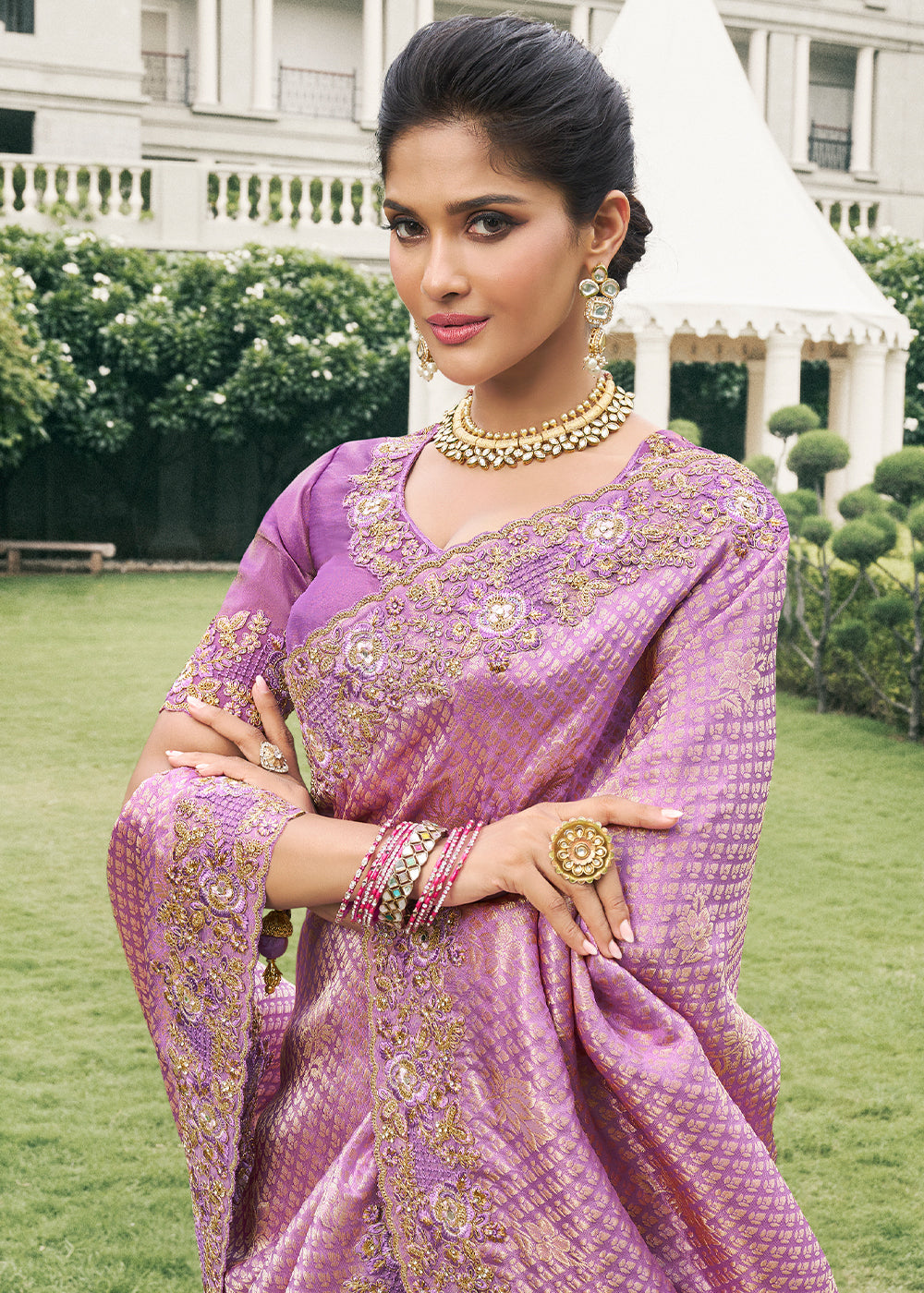 Lavender Color Tissue Silk Embroidered with Golden Stone Floral Heavy Border Saree