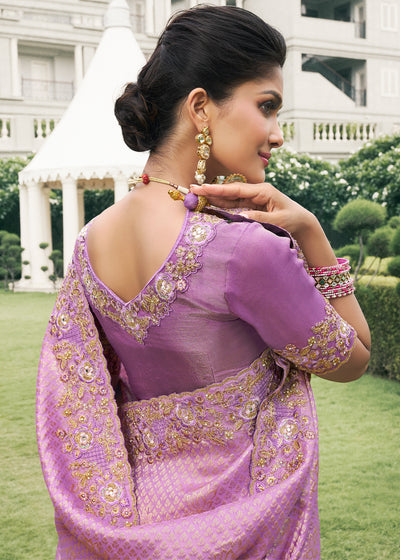 Lavender Color Tissue Silk Embroidered with Golden Stone Floral Heavy Border Saree