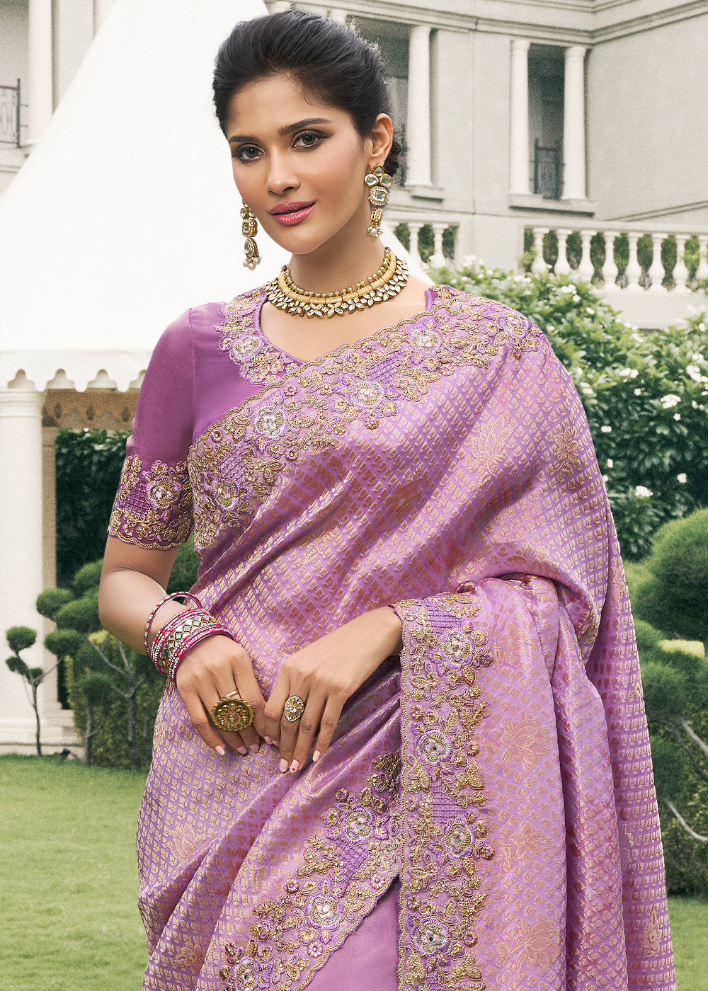 Lavender Color Tissue Silk Embroidered with Golden Stone Floral Heavy Border Saree