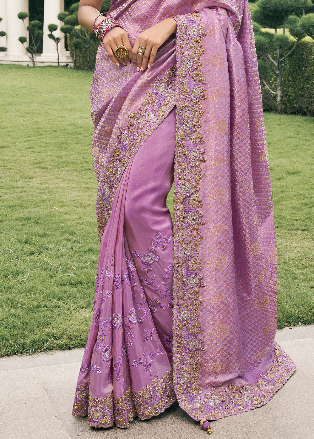 Lavender Color Tissue Silk Embroidered with Golden Stone Floral Heavy Border Saree