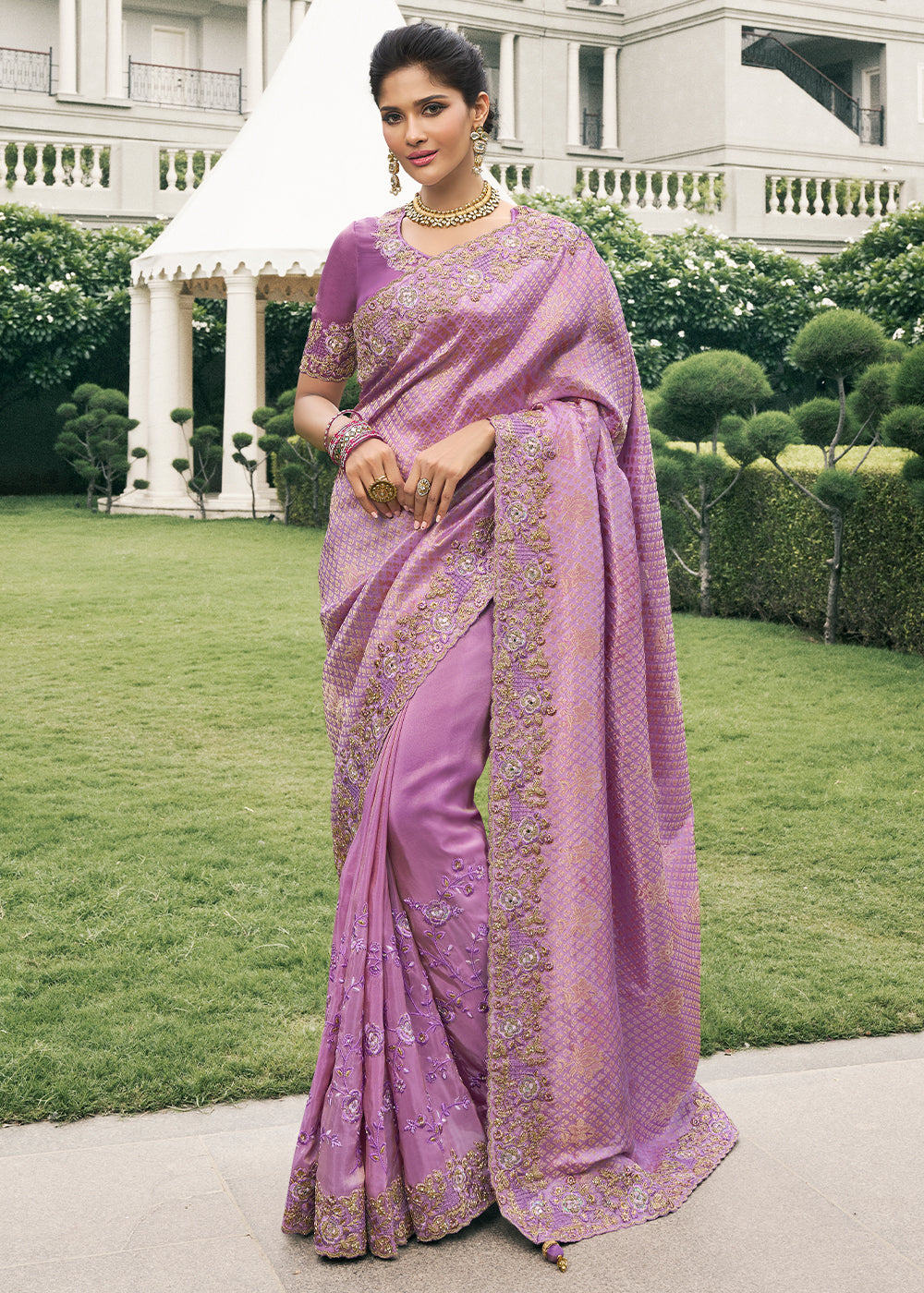 Lavender Color Tissue Silk Embroidered with Golden Stone Floral Heavy Border Saree