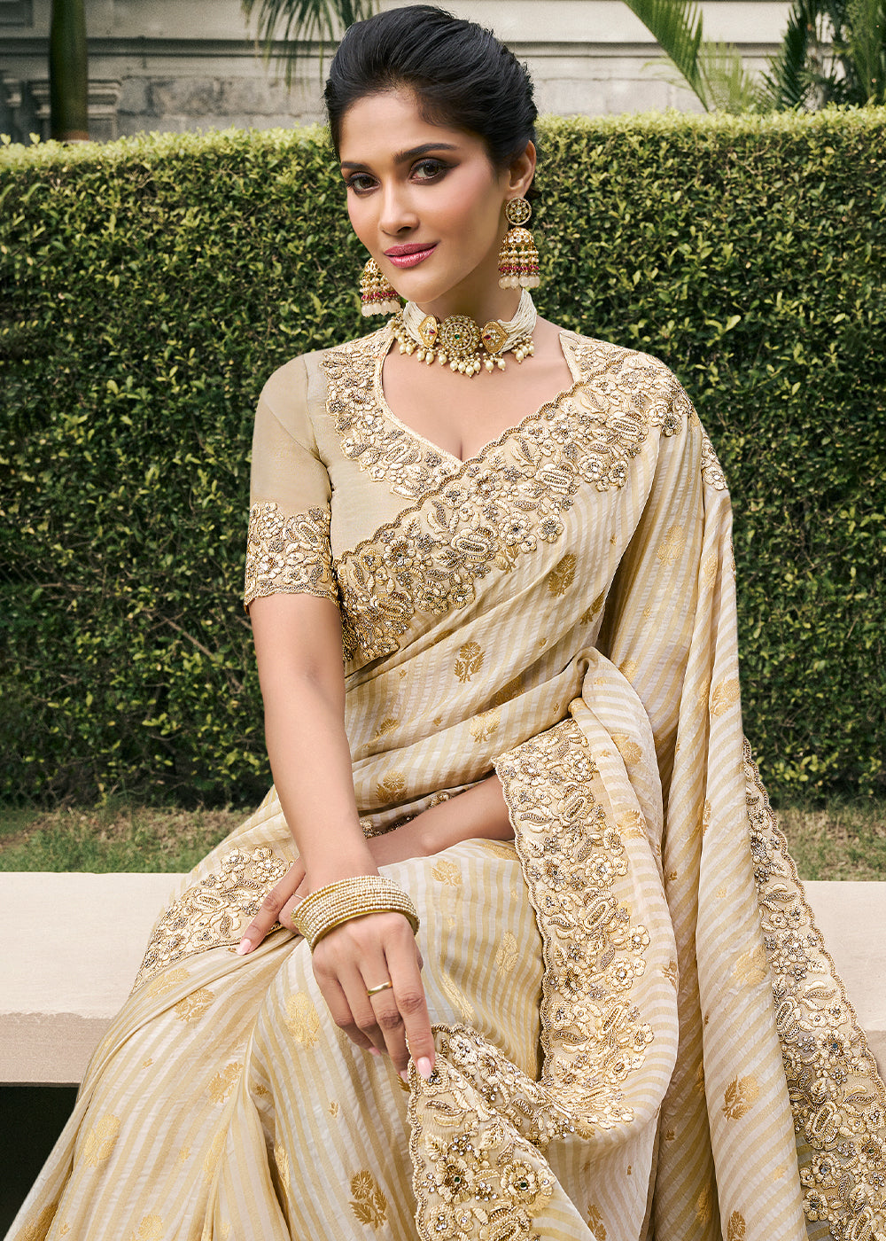 Cream Color Tissue Silk Embroidered Golden Woven Zari Work,Stone Floral Heavy Border Saree