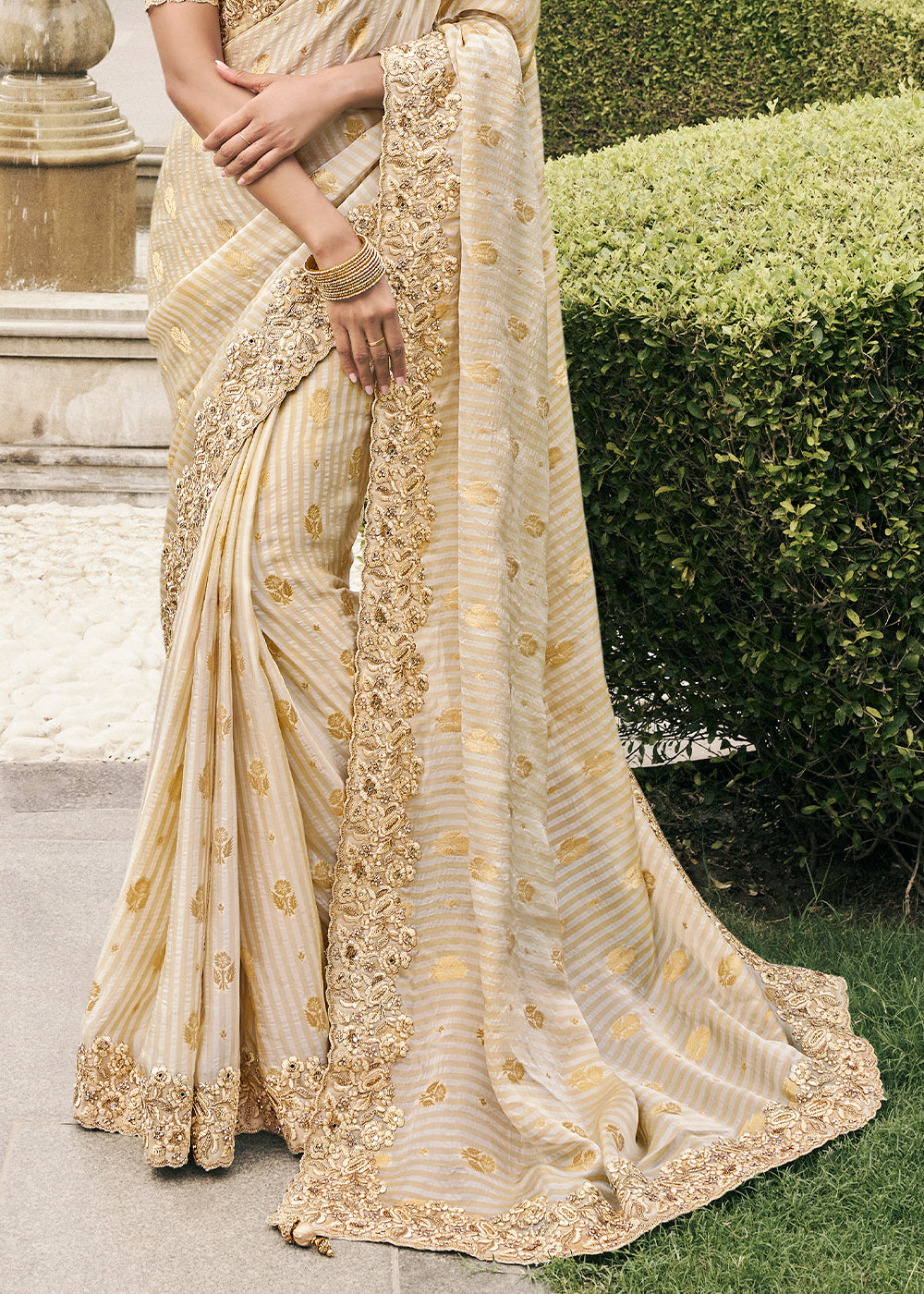 Cream Color Tissue Silk Embroidered Golden Woven Zari Work,Stone Floral Heavy Border Saree