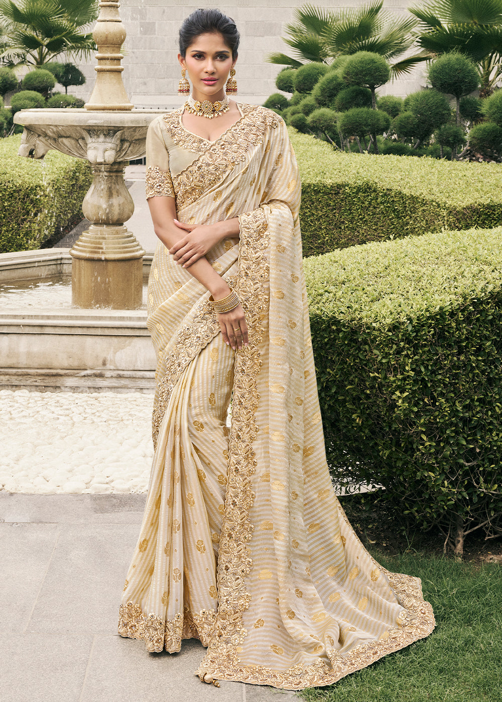 Cream Color Tissue Silk Embroidered Golden Woven Zari Work,Stone Floral Heavy Border Saree