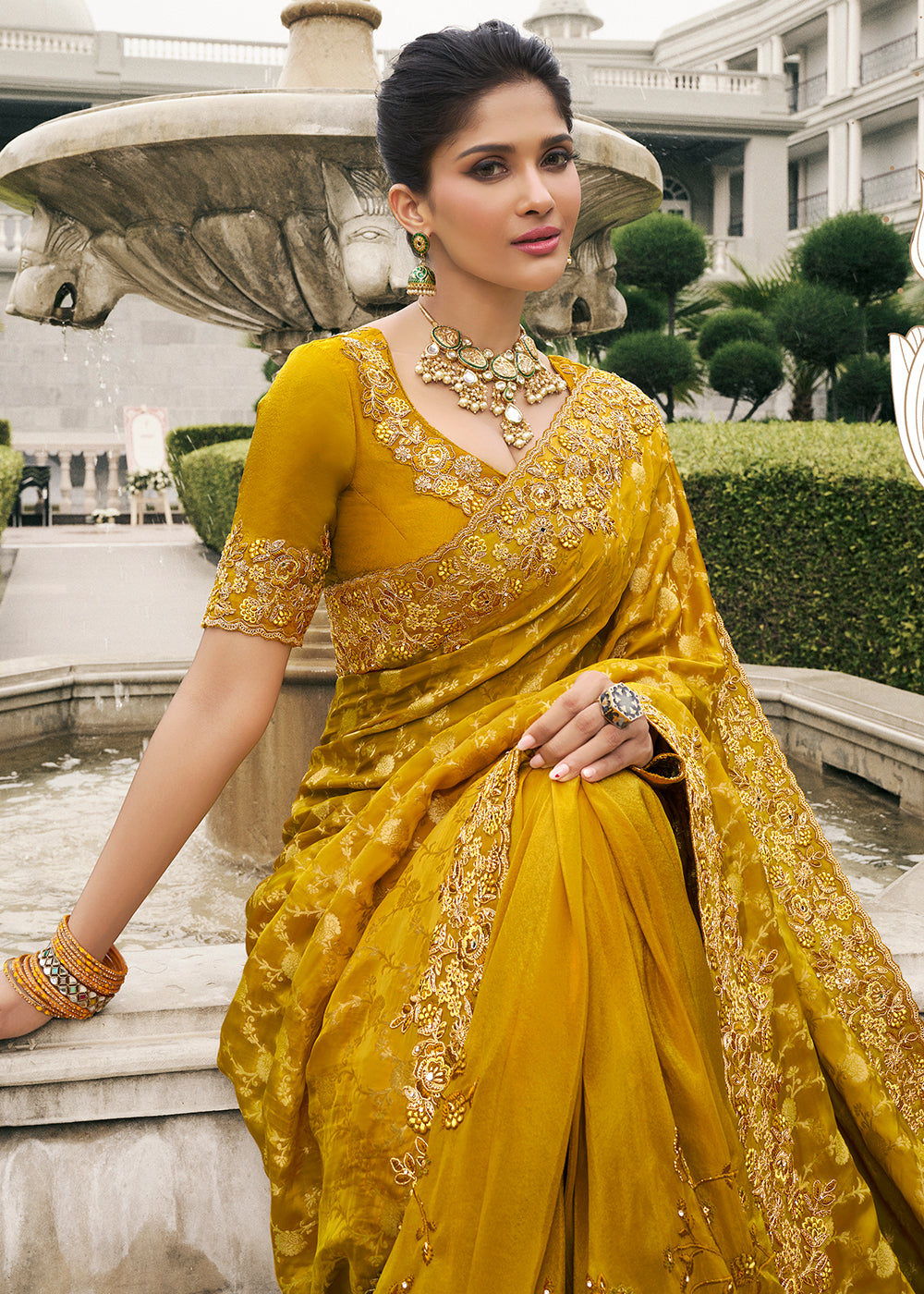 Mustard Color Tissue Silk Embroidered with Golden Stone Floral Heavy Border Saree